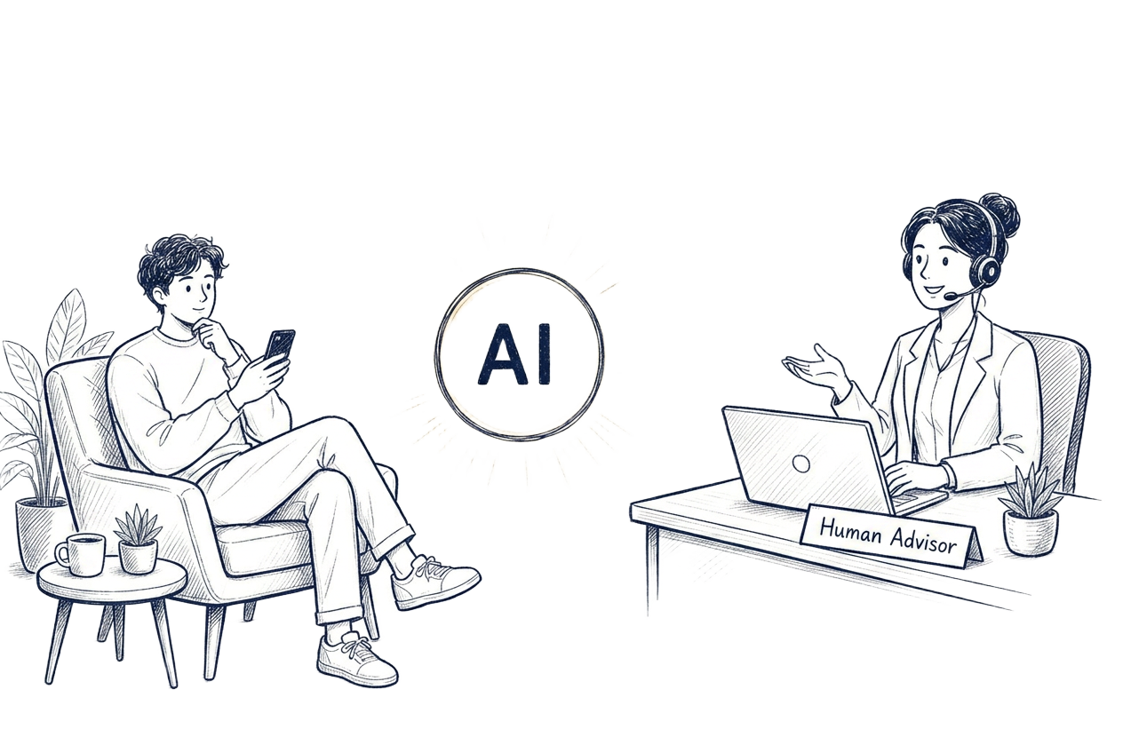 Sketch of a person having a calm, private conversation with an AI orb across a small table.