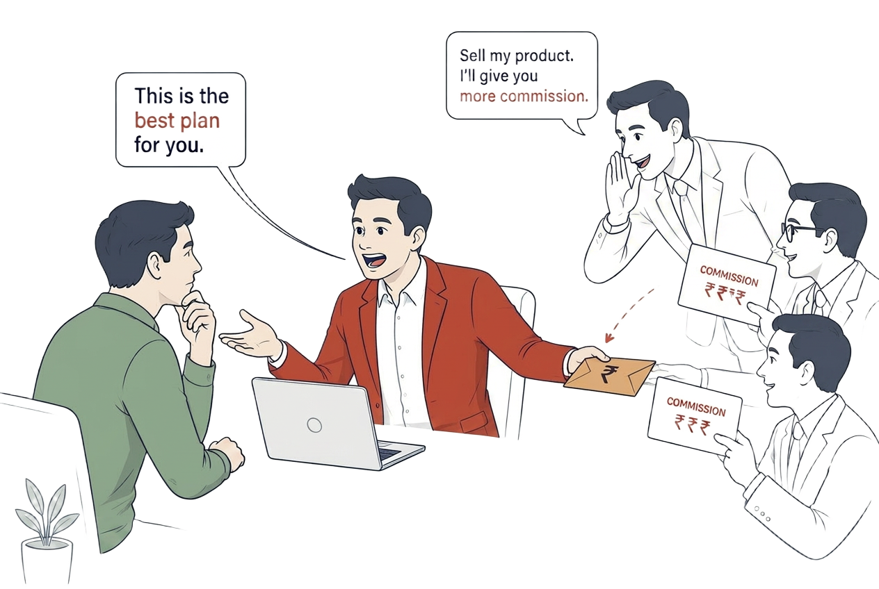 Sketch of commission-driven agents whispering advice while holding commission cards behind a client.